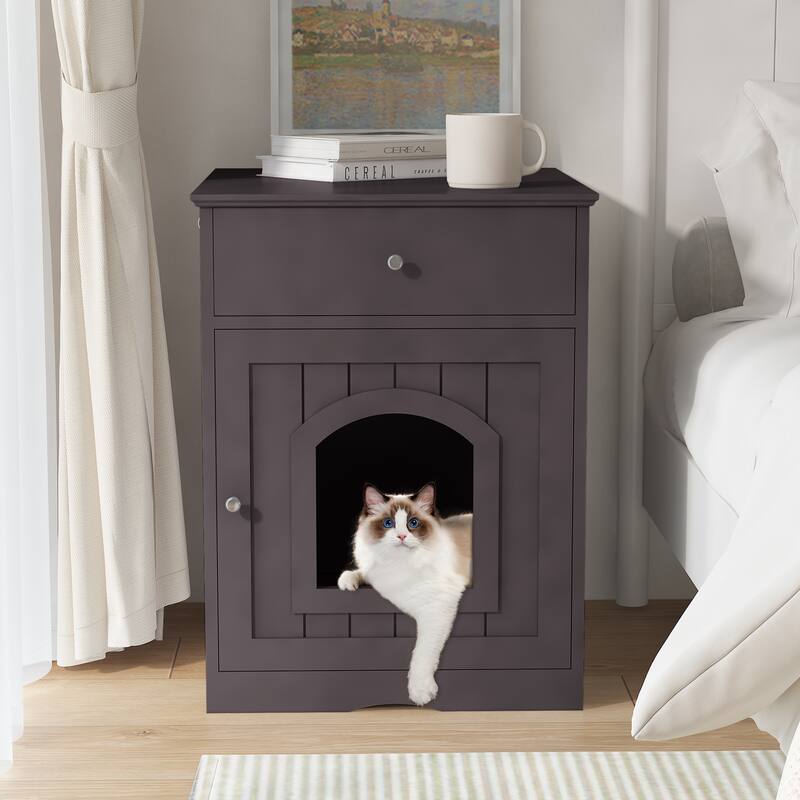 Anmytek White Shaker Style Cat Litter Box Cabinet with Storage for Laundry Room and Bathroom