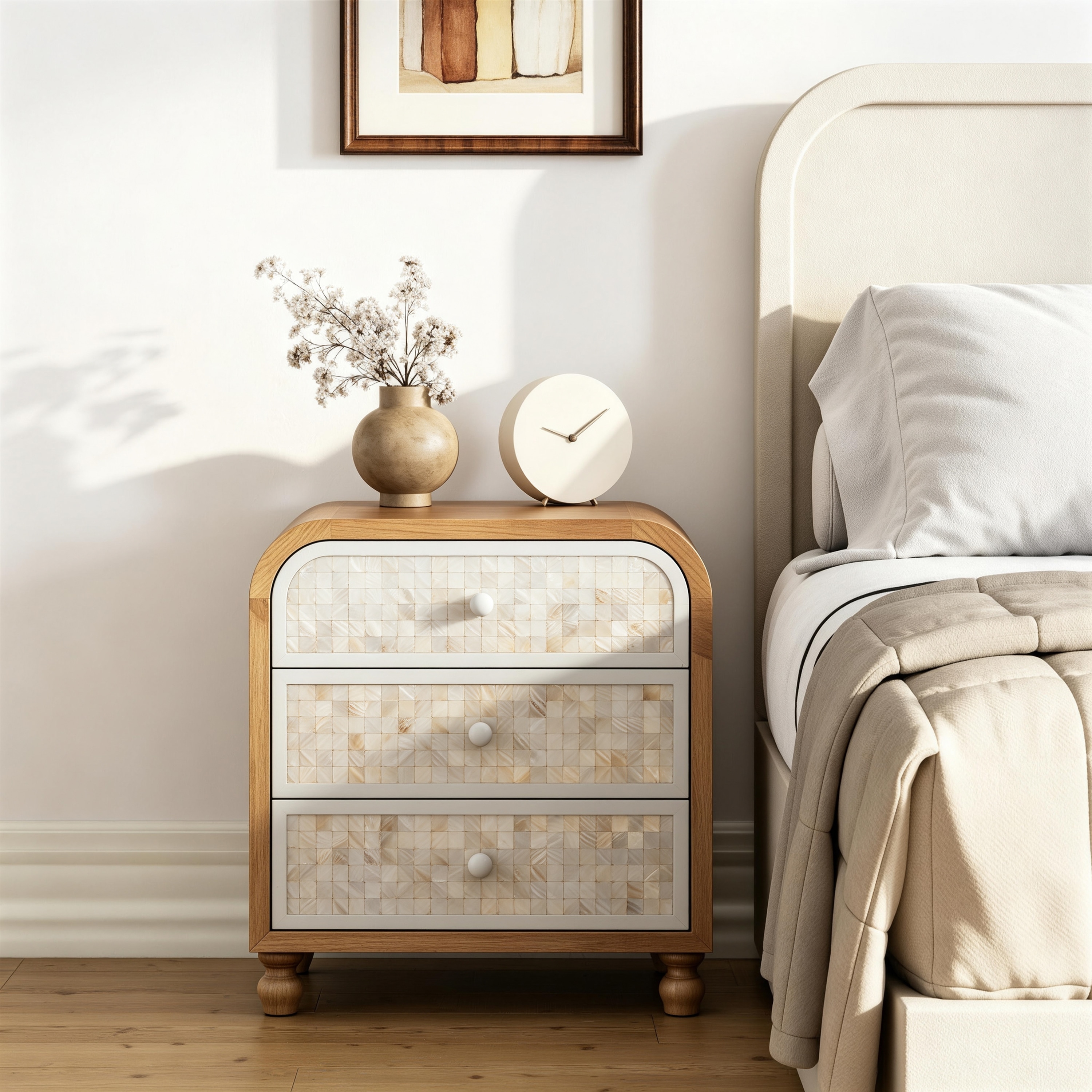 COZAYH Farmhouse 3-Drawer Nightstand, Nearly Fully Assembled Bedside Table with White Shell Drawer Fronts, Rounded Corners