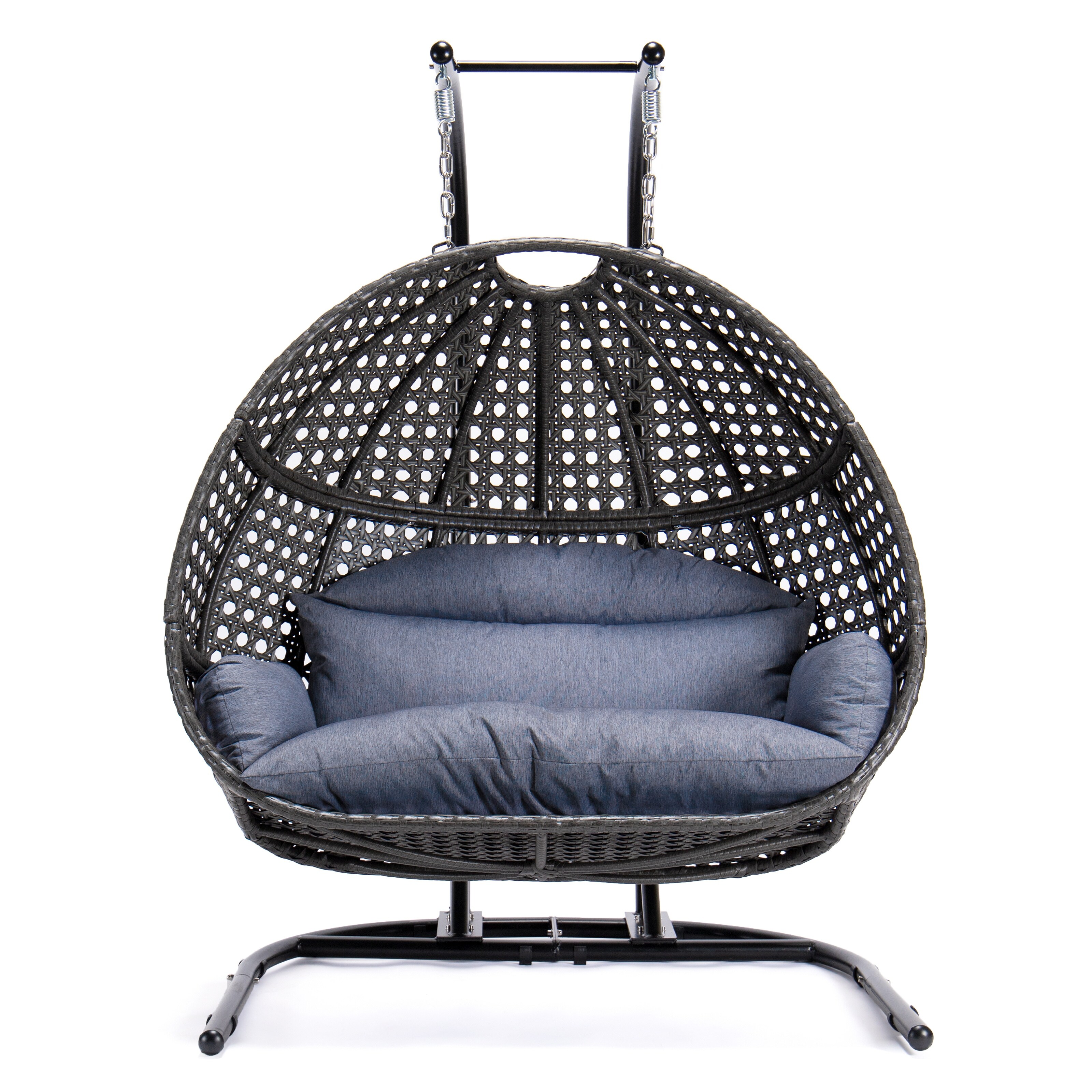 Modern Muse Charcoal Wicker Hanging Double-Seat Swing Chair with Stand and Cushion