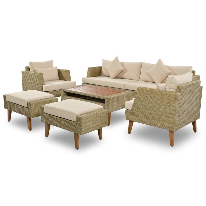 6-Pieces Outdoor PE Rattan Conversation Sofa Set with Coffee Table and 2 Ottoman
