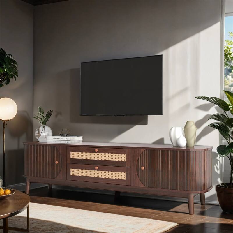 Rattan TV Stand, Entertainment Center with Solid Wood Legs