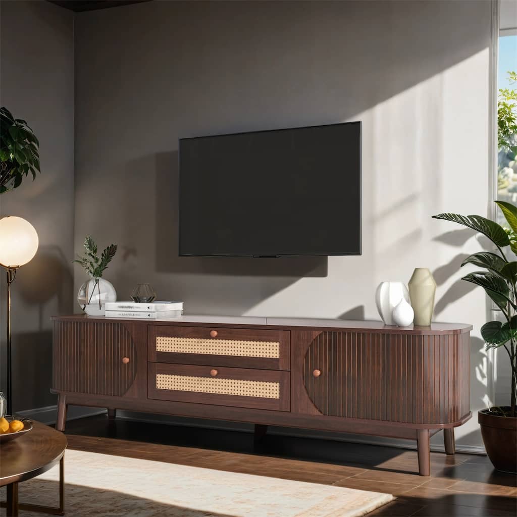 Rattan TV Stand, Entertainment Center with Solid Wood Legs