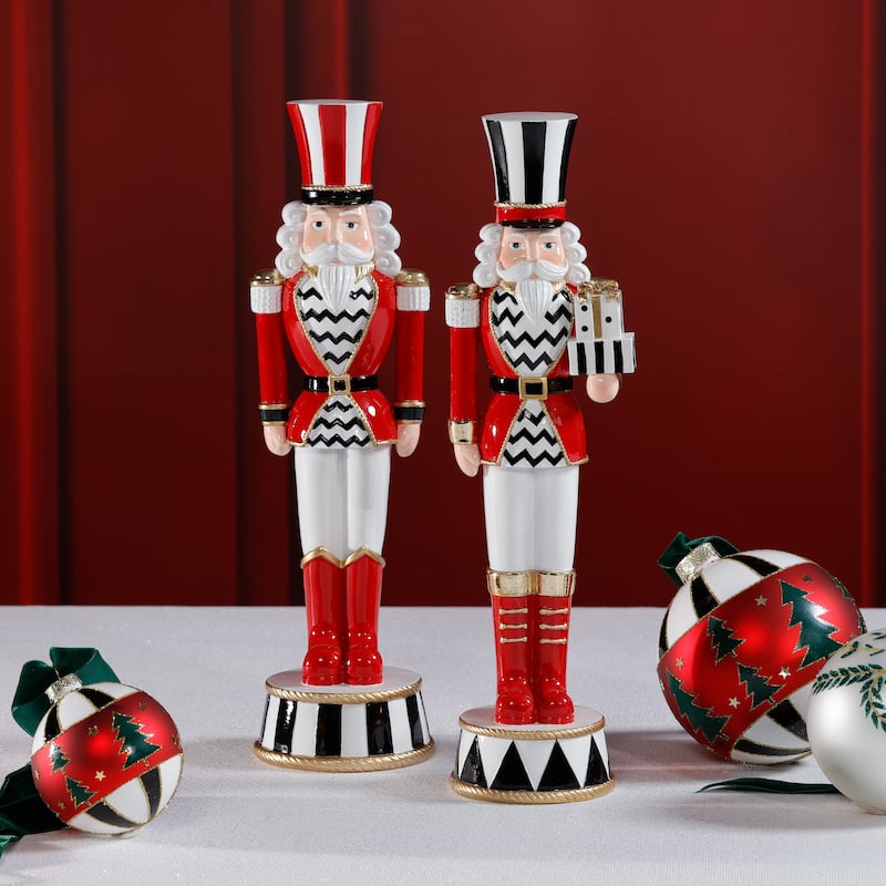 Royal Guard Christmas Figurines, Set of 2, Festive Holiday Soldier Décor, 14.25" & 14.5" Tall - Red, White, Black