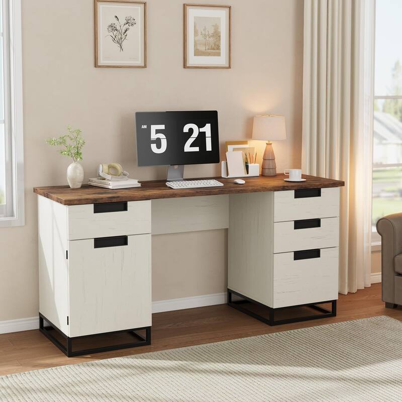 59" Farmhouse Executive Desk, Home Office Desk with File Drawer and Storage Cabinet