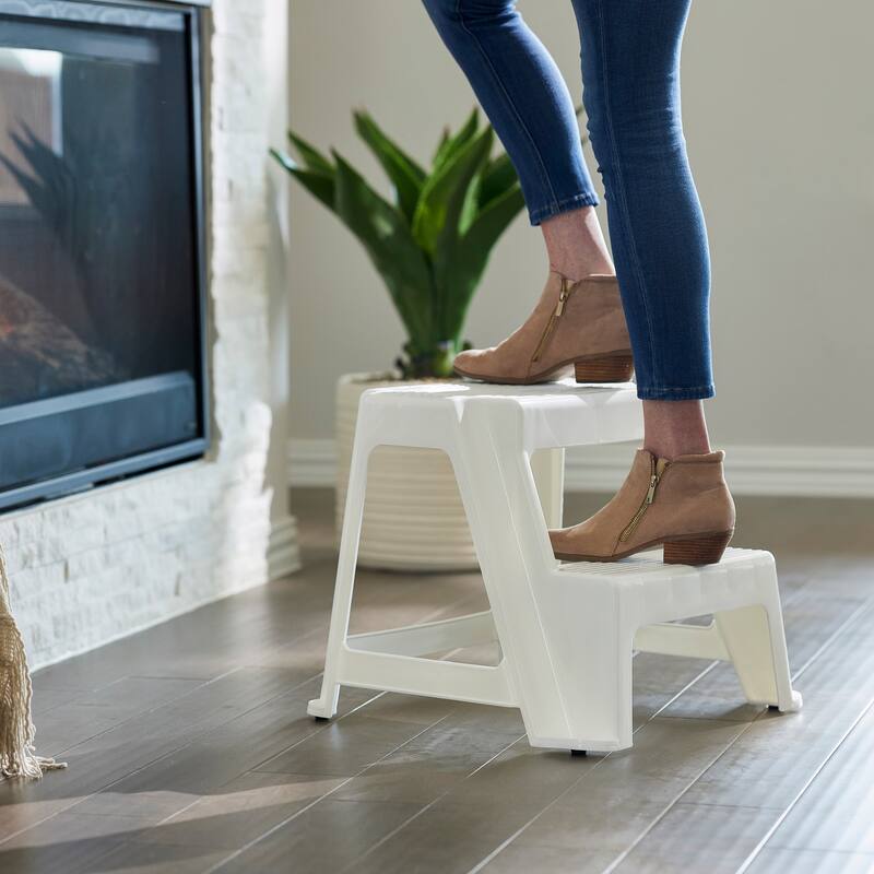 Gracious Living 16" Plastic 2 Step Portable Garage Home & Kitchen Stool, White - 18 x 16 x 18.75 inches