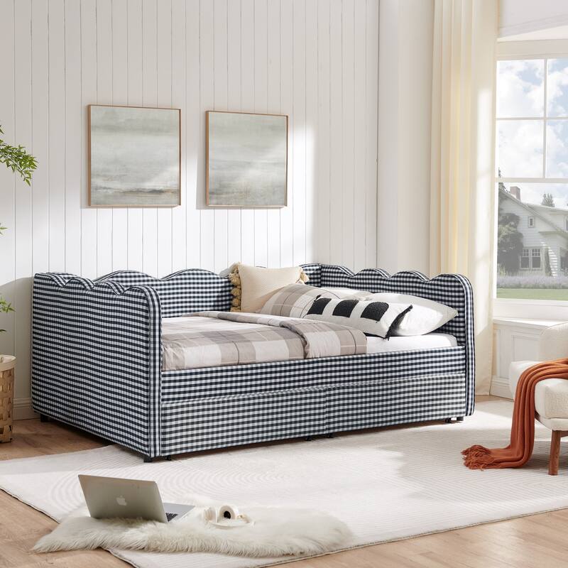 Full/Queen Gingham Daybed with 2 Storage Drawers, USB Port & Wave Shaped Linen Fabric