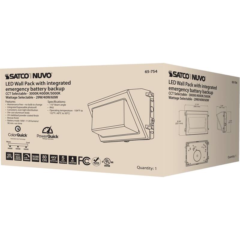 Emergency Architectural LED Wall Pack CCT Selectable 3K/4K/5K Wattage Adjustable Bypassable Photocell 120-277 Volt - Bronze