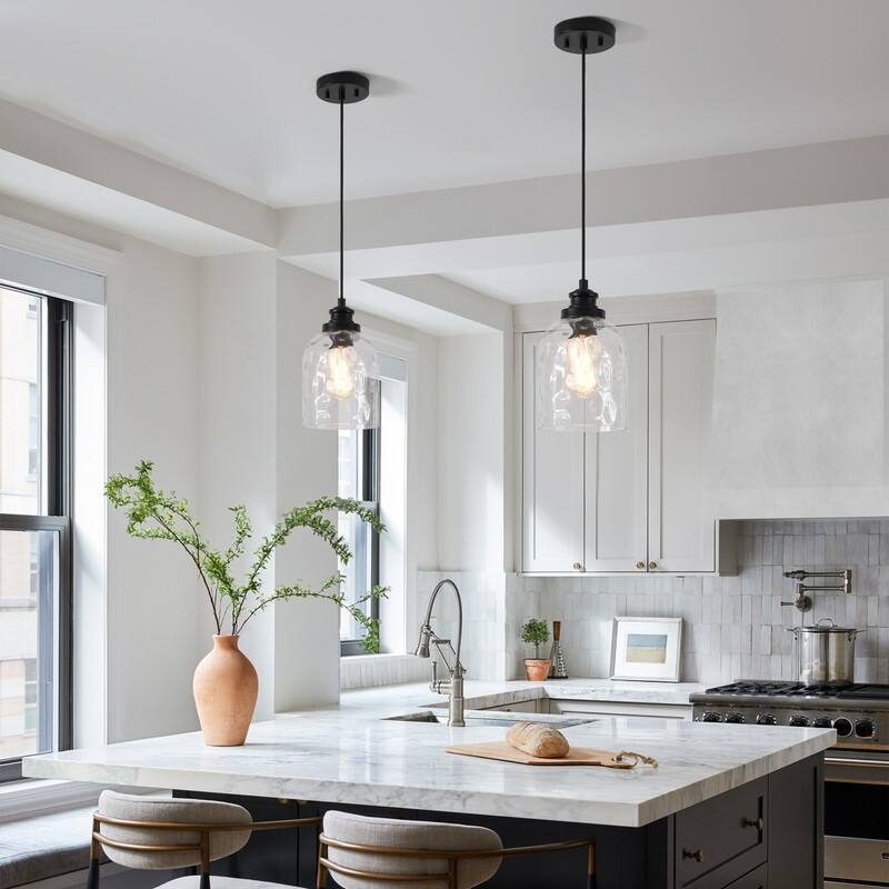 KAWOTI 83" Adjustable Pendant Light with Hammered Glass Shade