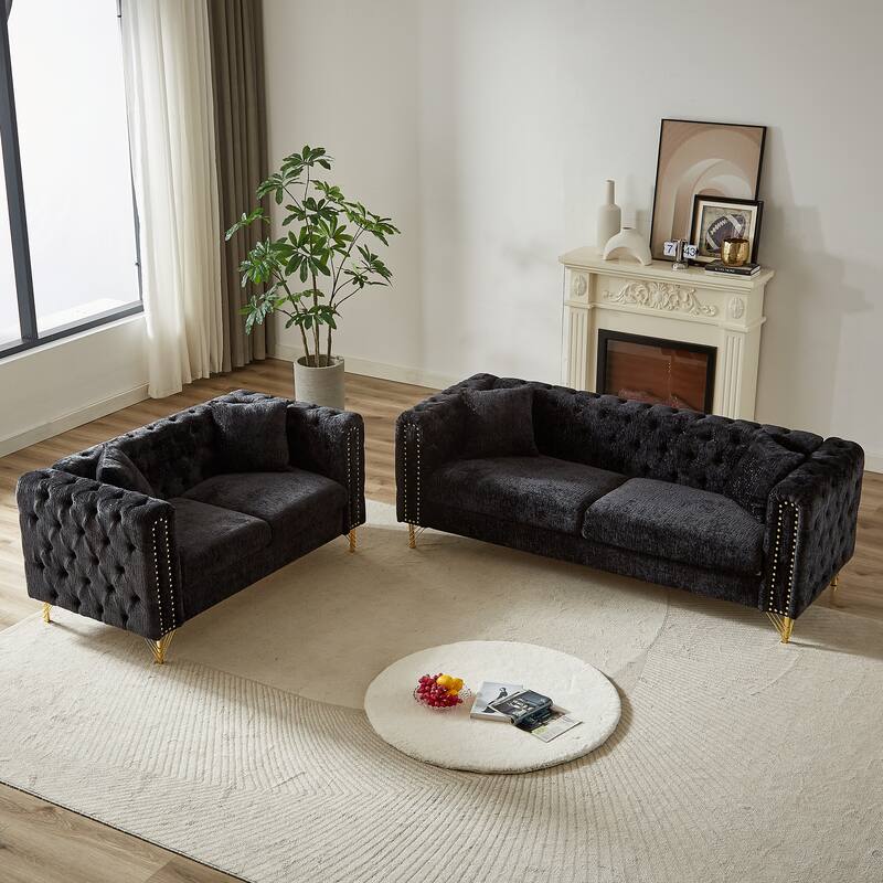 5-Seater Modern Chenille Sofa, Button Tufted with Metal Legs and Nailhead Trim