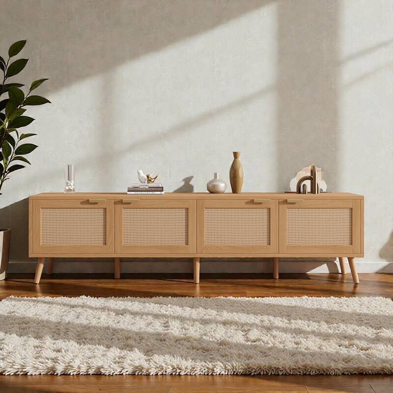 70" Rattan TV Stand for TVs up to 80", Modern Media Console with Storage Cabinets & Cable Holes, Solid Wood Legs