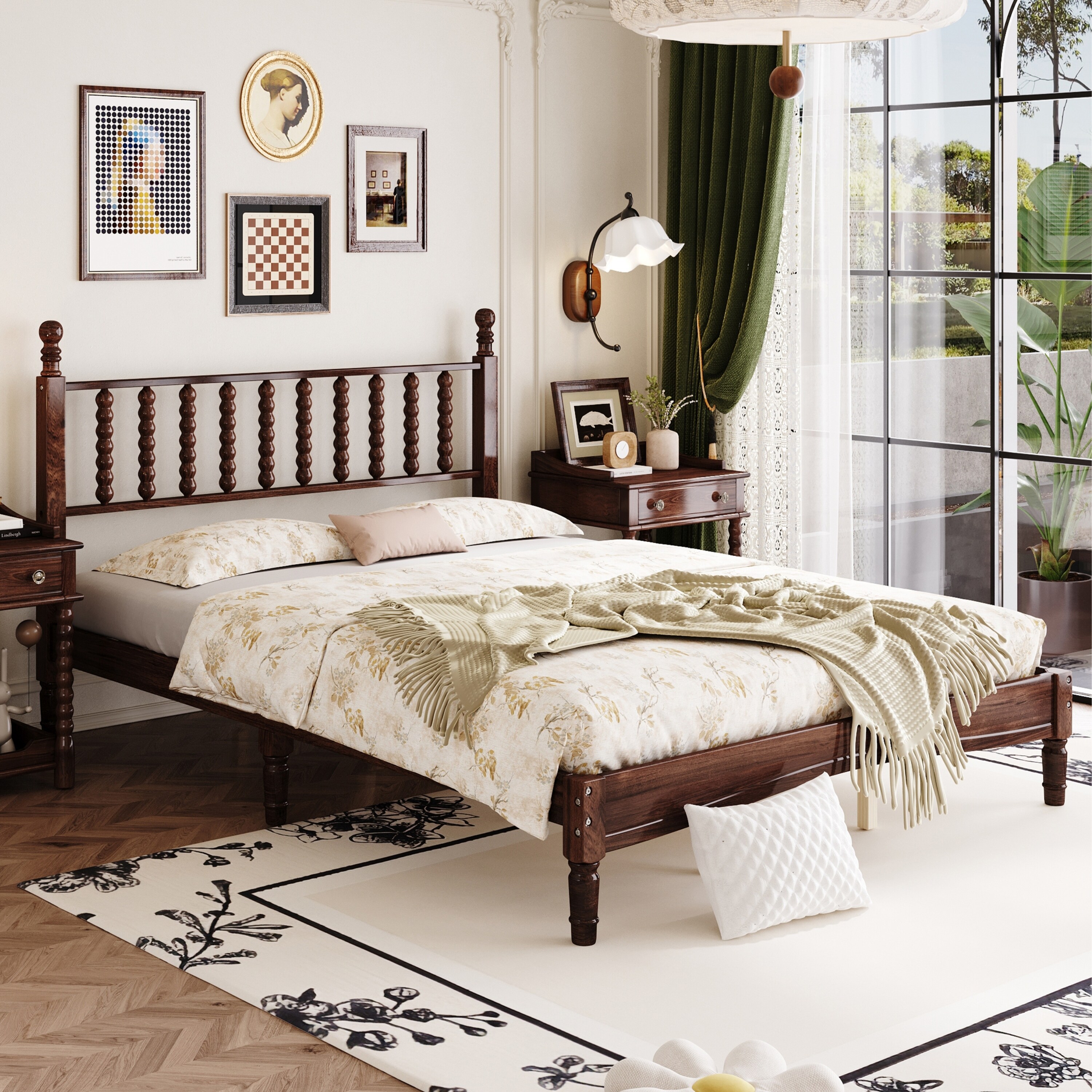 Queen Wood Bed with Gourd Headboard - Vintage Style