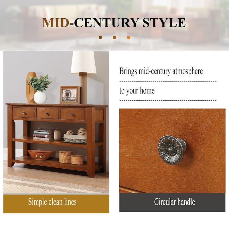 48 Inch Solid Pine Wood Console Table with 3 Drawers & 2 Shelves, Vintage Entryway Sofa Table for Hallway & Living Room