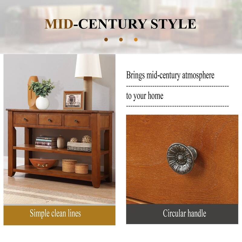 Modern Solid Pine Wood Top Console Table with 3 Drawers and 2 Shelves