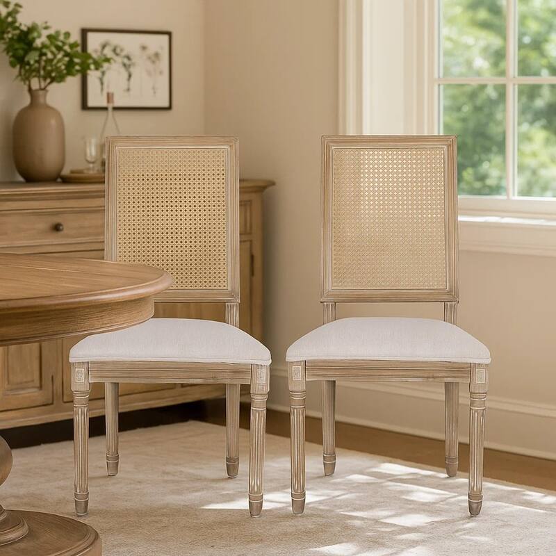 Viba Dining Chair Set of 2, Gray, Cane Light Weathered Brown Wood