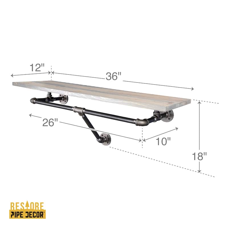 PIPE DECOR 36" Wall Mounted Clothing Rack with Wood Shelf and Industrial Steel Pipe