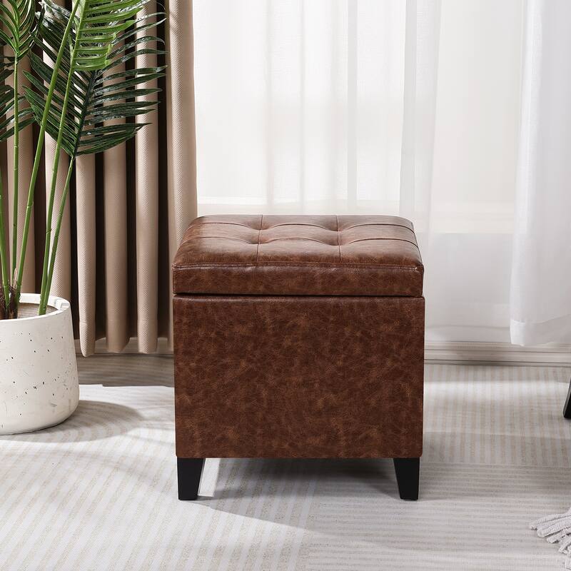 Adeco Bonded Leather Square Tufted Cubic Cube Storage Ottomans