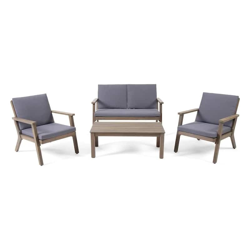 Roomfitters 4 Pcs Outdoor Patio Sofa Set with Loveseat, Club Chairs, Coffee Table, Acacia Wood Frame and Cushions, Grey