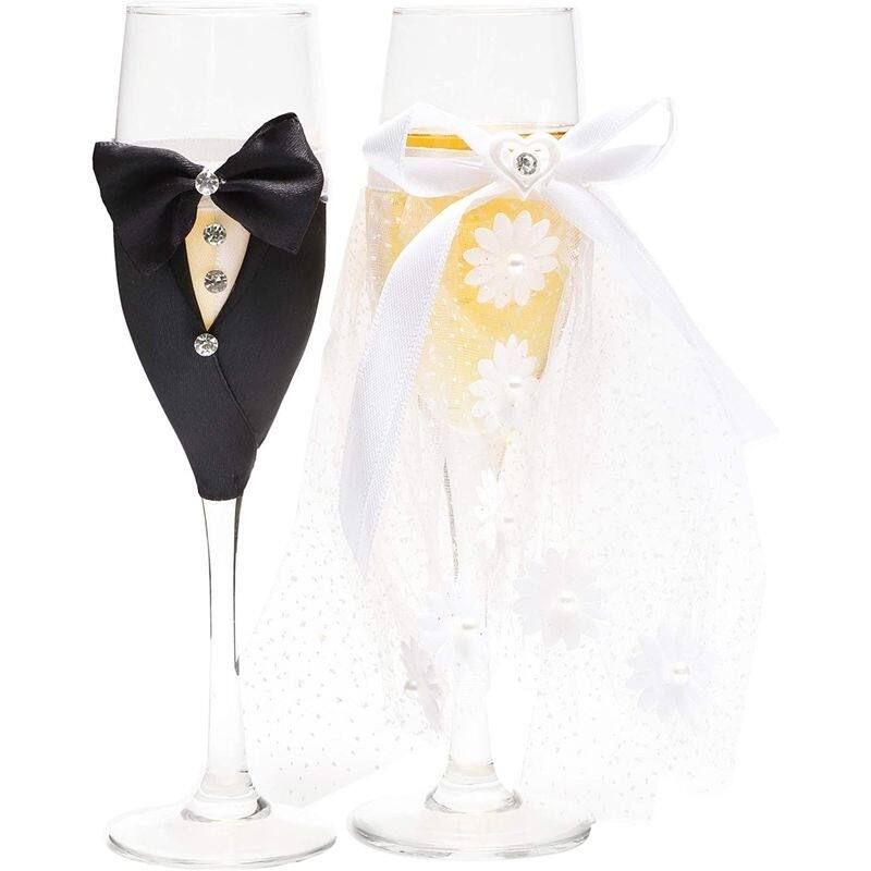 Bride and Groom Champagne Flutes, Wedding Dress Tuxedo Toasting Glasses