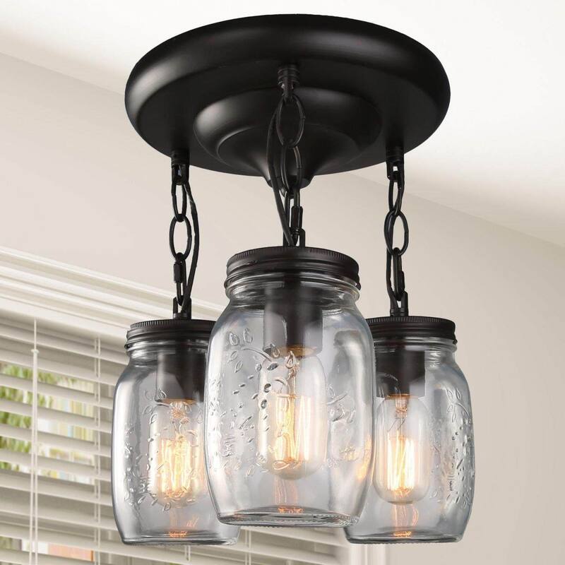 LNC Glass Modern 3-Light Mason Jar Semi Flush Mount Ceiling Light - Bronze - D11.8" X H13"