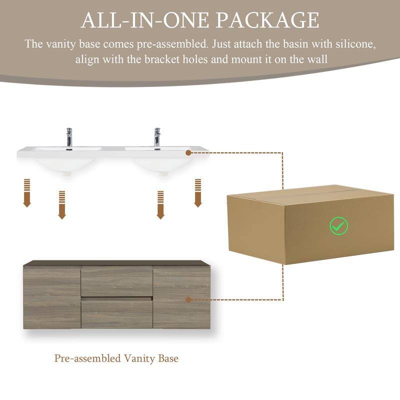 ABRUZZO 60" Floating Bathroom Double Vanity with Integrated Resin Top 2 Basins 2 Cabinets 2 Soft Close Drawers Full Assembly