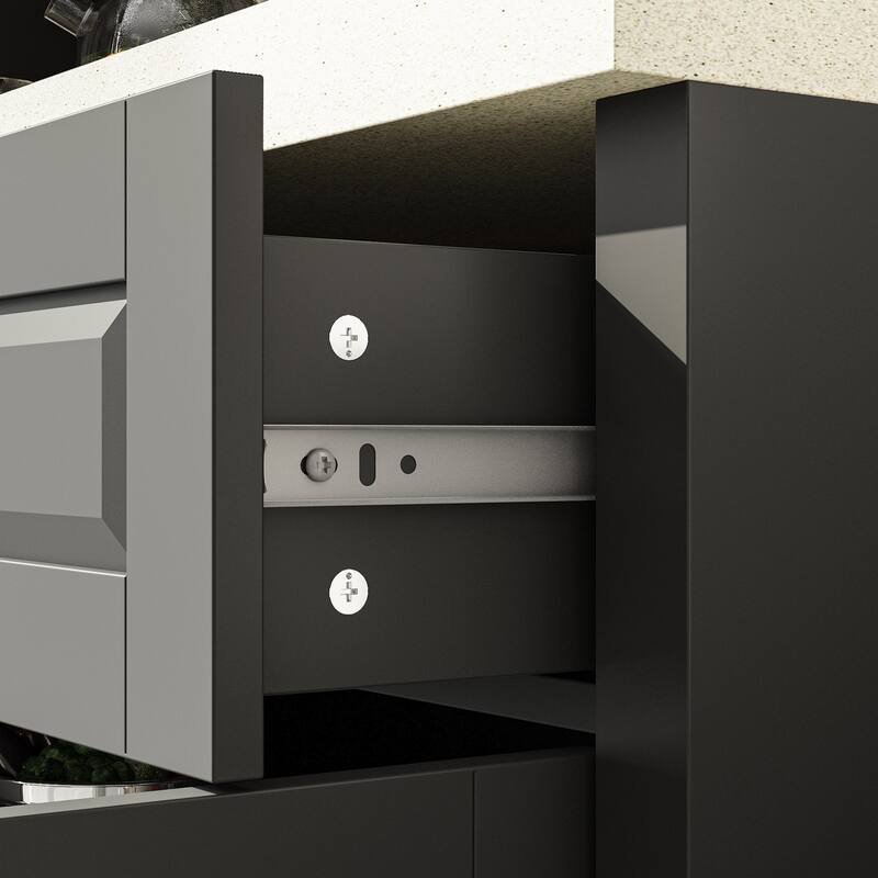 Grey Kitchen Cabinet: Ample Storage with Glass - door Display and Drawers Pantry Buffet