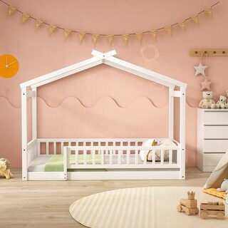 Twin Size Wooden House Bed Frame with Roof and Fence for Kids, Sturdy Pine Construction for Teens and Children