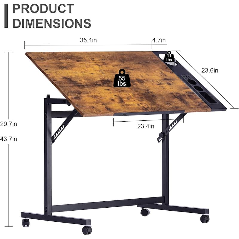 Javlergo Vintage Drawing Drafting Table, Adjustable Tilting Top Art Desk Craft Work Station with Pencil Ledge