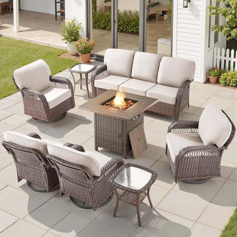 Pocassy Patio Outdoor Fire Table with Sofa Ottoman Swivel Chair Funiture Set. - Brown Wicker Beige Cushion - 8-Piece Sofa Swivel Chair Table w/ Fie Pit Table