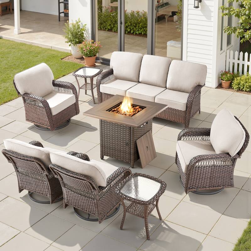 Pocassy Patio Outdoor Fire Table with Sofa Ottoman Swivel Chair Set. - Brown Wicker Beige Cushion - 8-Piece Sofa Swivel Chair Table w/ Fie Pit Table