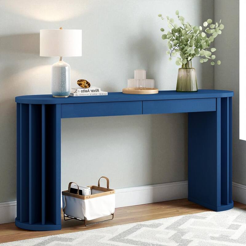 59" Farmhouse Oak Veneer Console Table with 2 Drawers, Curved Legs and Straight Line Design for Entryway or Hallway