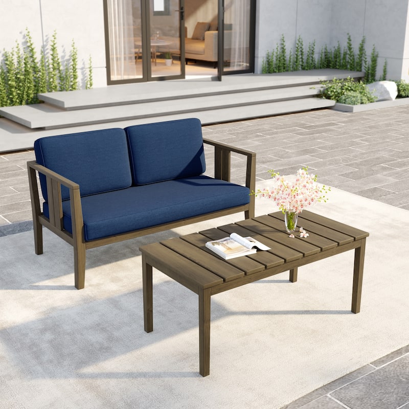 Uixe Teak Patio Loveseat with Coffee Table Outdoor Conversation Set