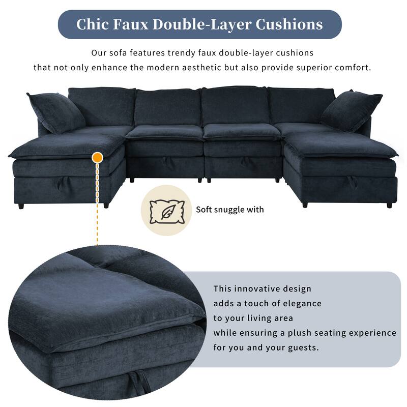 126" 6-Piece Modular Sofa Bed with Storage and Double-Layer Cushions