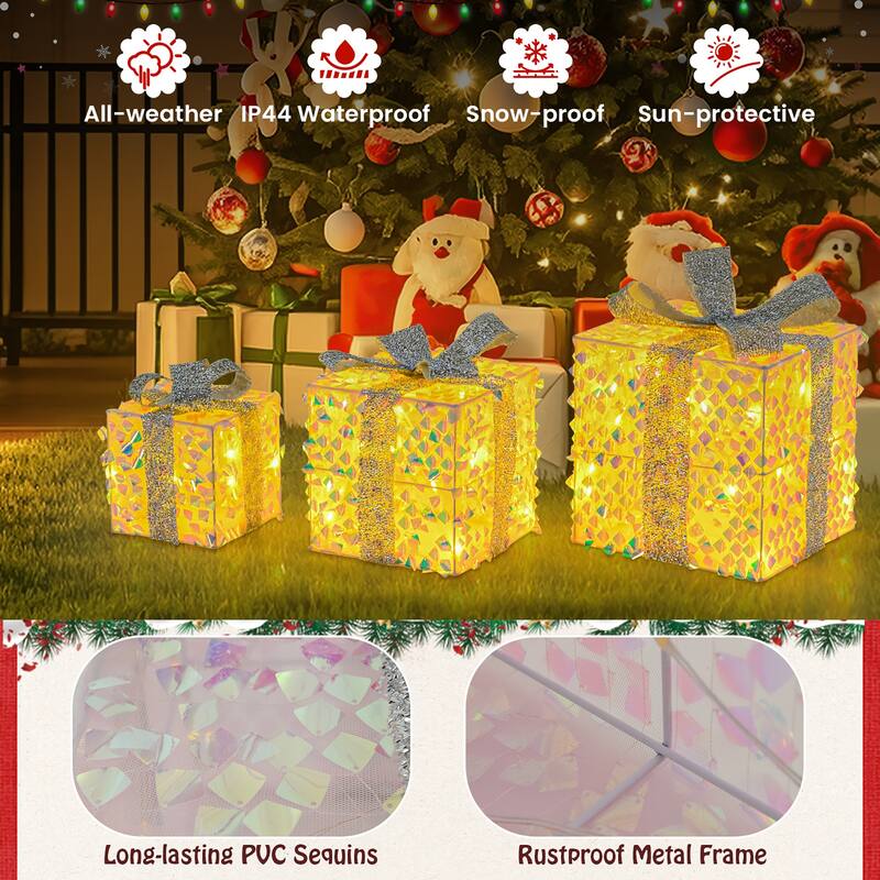 Gymax 3 PCS Christmas Lighted Gift Boxes w/ 90 LED Lights Zip Ties