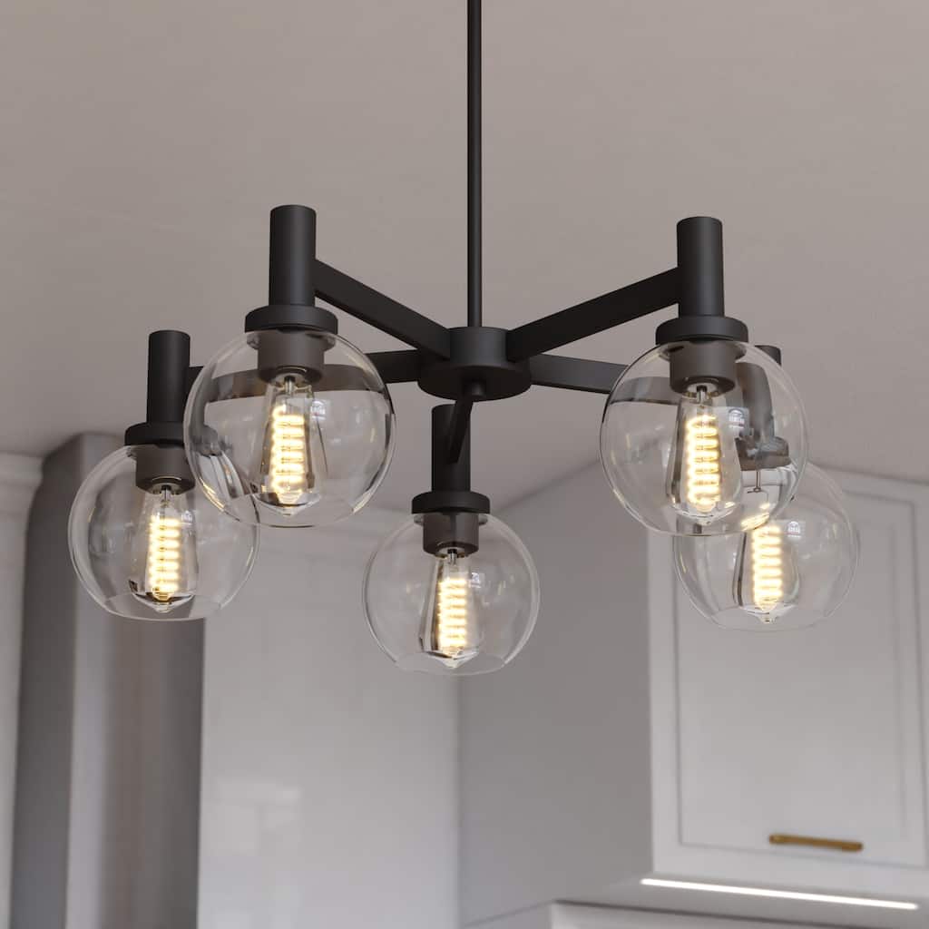 Marshall 5 Light LED Compatible Black Transitional Chandelier Clear Globe Glass - 27-in W x 9-in H x 27-in D