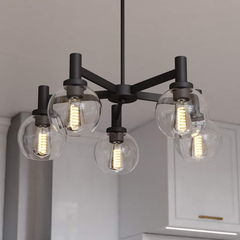 Marshall 5 Light LED Compatible Black Transitional Chandelier Clear Globe Glass - 27-in W x 9-in H x 27-in D - Matte Black - 27-in W x 9-in H x 27-in D