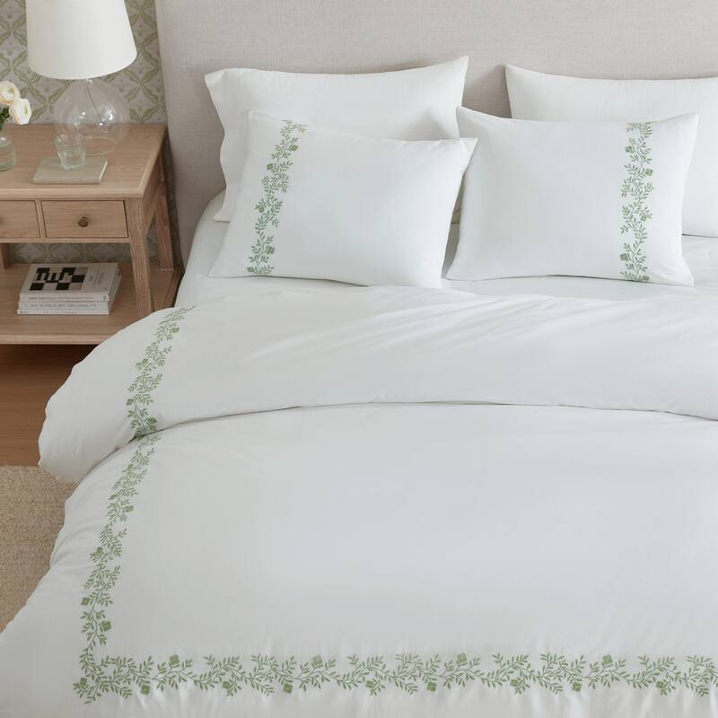 Martha Stewart Garden Path Embroidery Green Cotton Duvet Cover Set