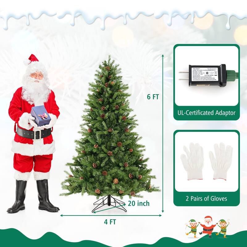 6 FT Artificial Christmas Tree with Pine Cones and Adjustable Brightness
