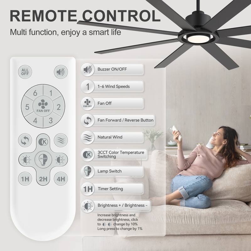 72 Inch 8-Blade Large Ceiling Fan with Dimmable LED Light and Remote