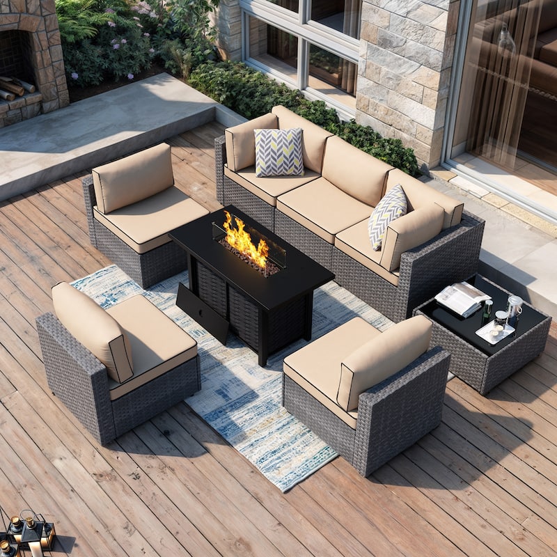 8-Piece Outdoor Patio Wicker Conversation Set with Fire Pit Table, Sectional Sofa & Cushions - N/A