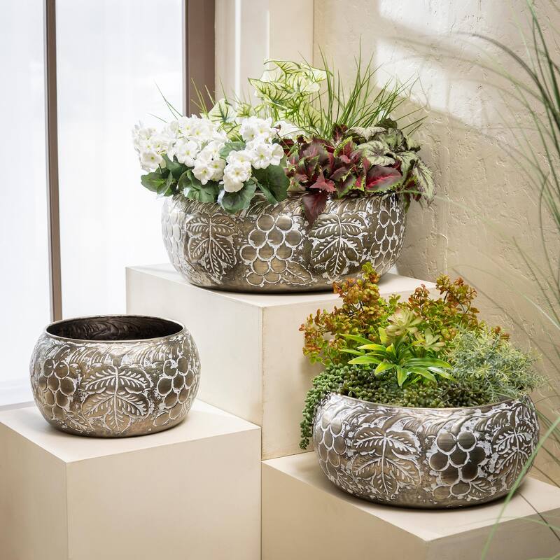 18" Circular Embossed Metal Planters, Nested Set of 3