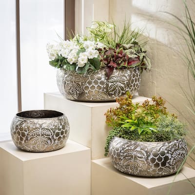 18" Circular Embossed Metal Planters, Nested Set of 3