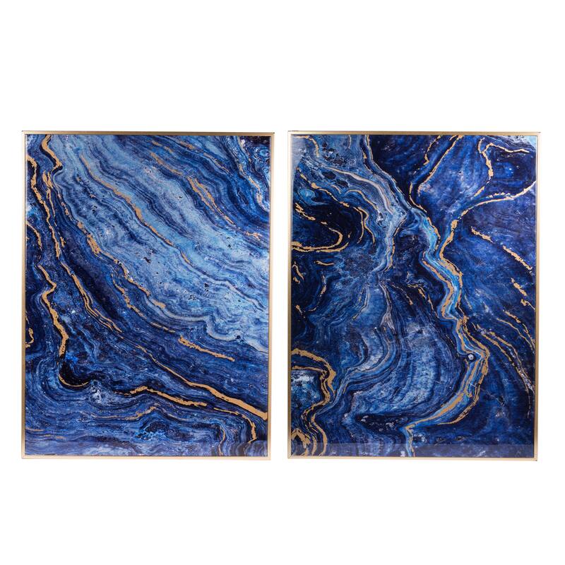 Set of 2, Modern Wall Decor Blue and Gold Framed Art Panels with Unique Marbled Design, for Home and office