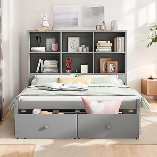 Full Size Solid Pine Platform Kids Bed Frame with Storage Headboard, Charging Station, and 2-Drawers, Easy to Assemble, Grey