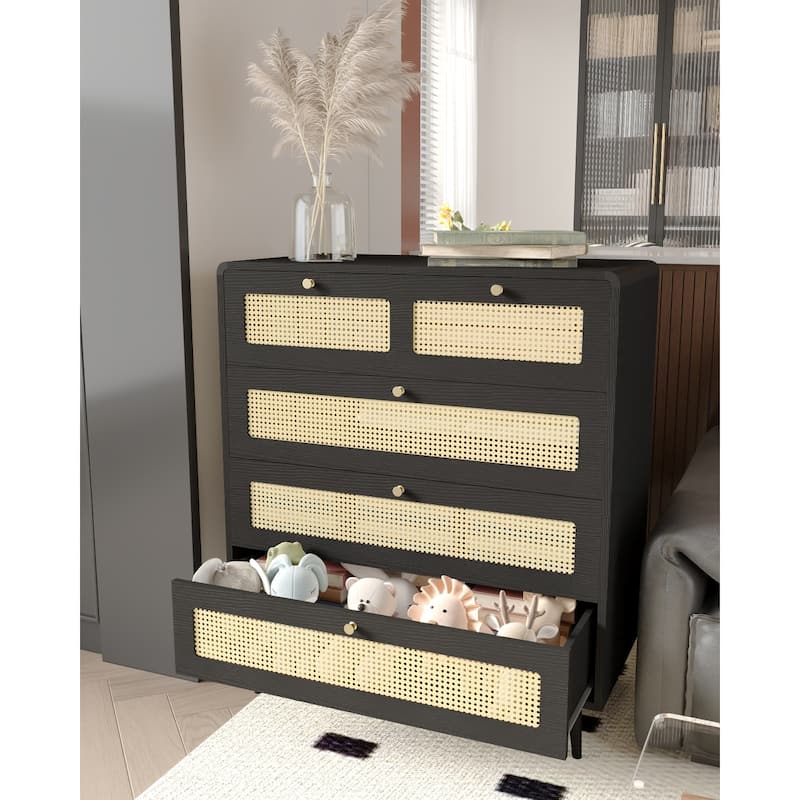 Modern Rattan Dressing Farmhouse Wood Storage Cabinet with 4 Drawers and Metal Handles, for Bedroom Living Room Hallway