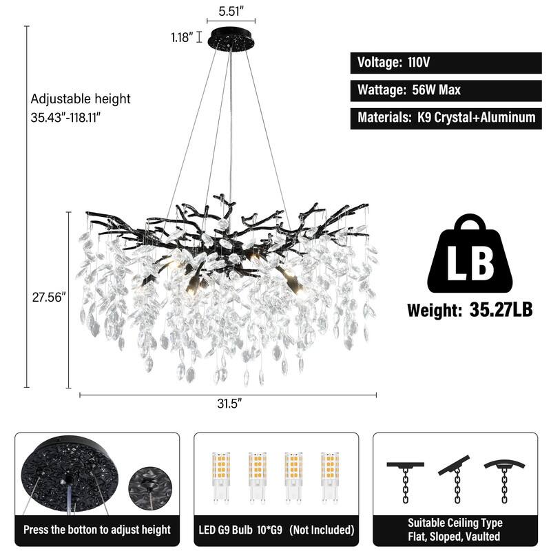 Modern Round Branch Crystal Chandelier, 600-1200mm Diameter, Marquise Cut Crystal Pendant Light