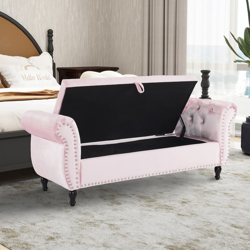 Velvet Storage Rectangular Bench With 1 Pillow,Ottoman For Living Rooms And Entryway
