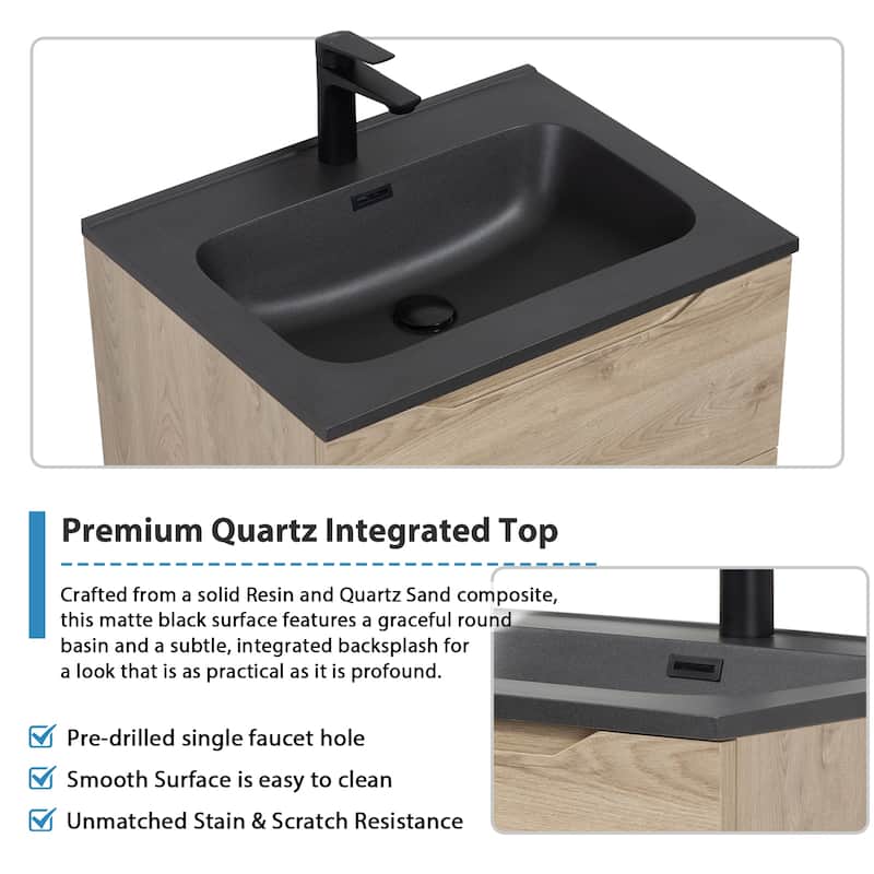 RupheonD 24"-48" Floating Bath Vanity in Evita Oak with Black Quartz Top