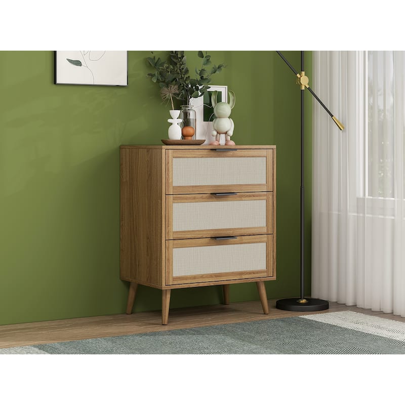 Rattan Nightstand with Solid Wood Legs, Living Room End Table with 3 Storage Drawer, Couch Side Table with Wooden Tabletop