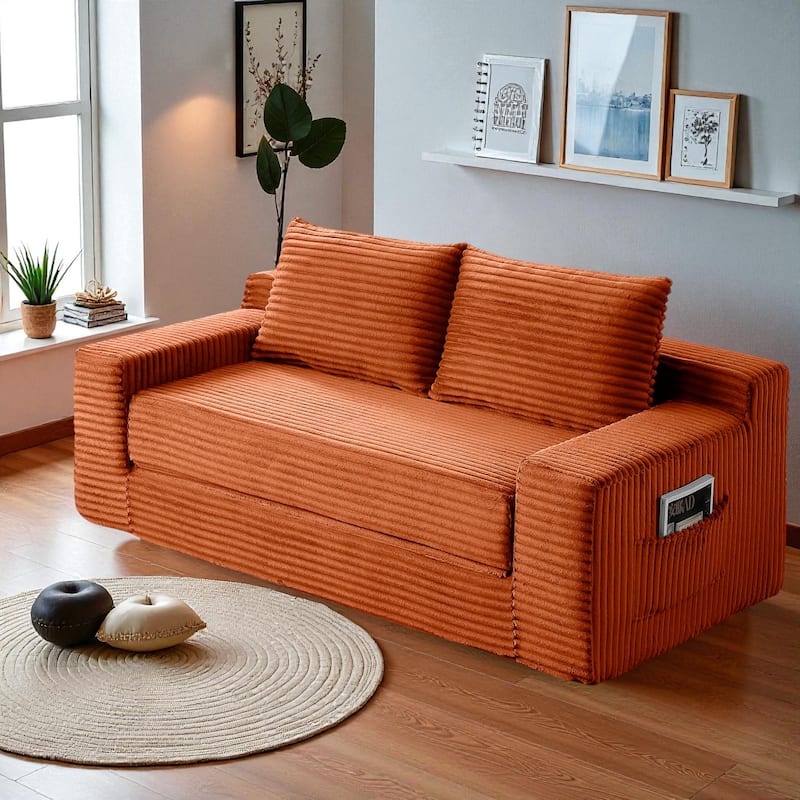 Memory Foam Cloud Loveseat, 2-in-1 Convertible Corduroy Folding Couch Bed, No-Assembly Floor Sofa with Storage Pockets - Orange