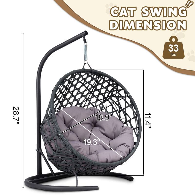 Pet Hanging Swing Bed, Rattan Hammock with Removable Soft Cushion, Cat Swing Bed with Stand & Cushion, Small Animals